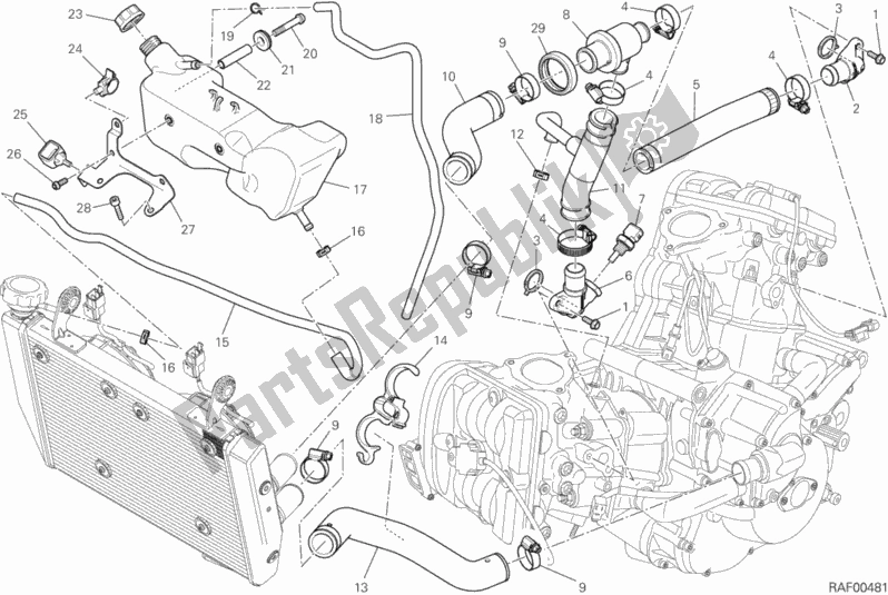 All parts for the Cooling Circuit of the Ducati Hypermotard USA 821 2015